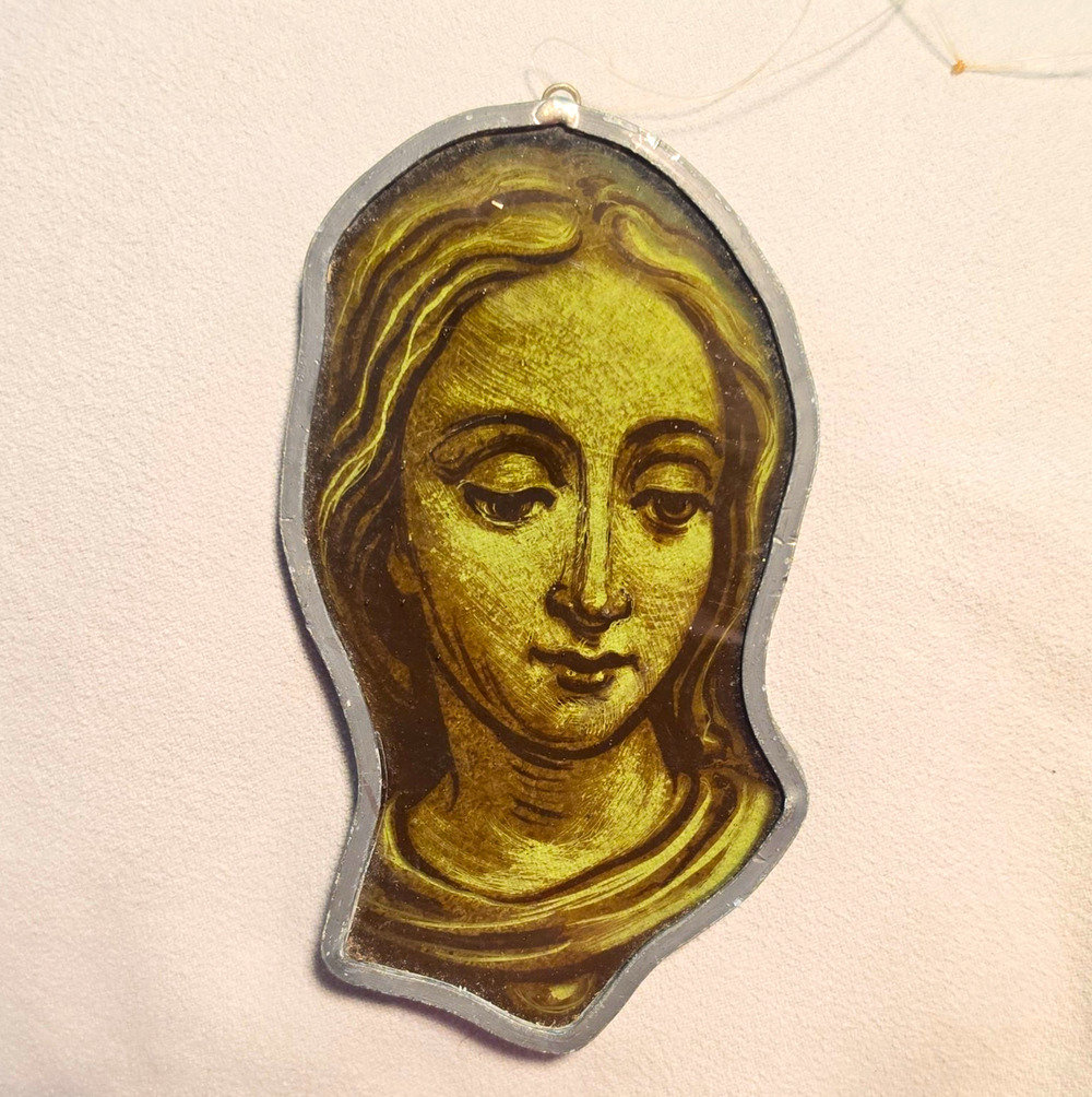Antique Late 19thC Hand Painted Stained Glass Shard Fragment Virgin Mary Face 5"